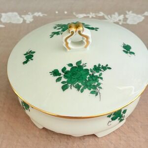 Vtg‎ Augarten Wien Austria Covered Dish Green Floral Gold Trim Vienna Porcelain